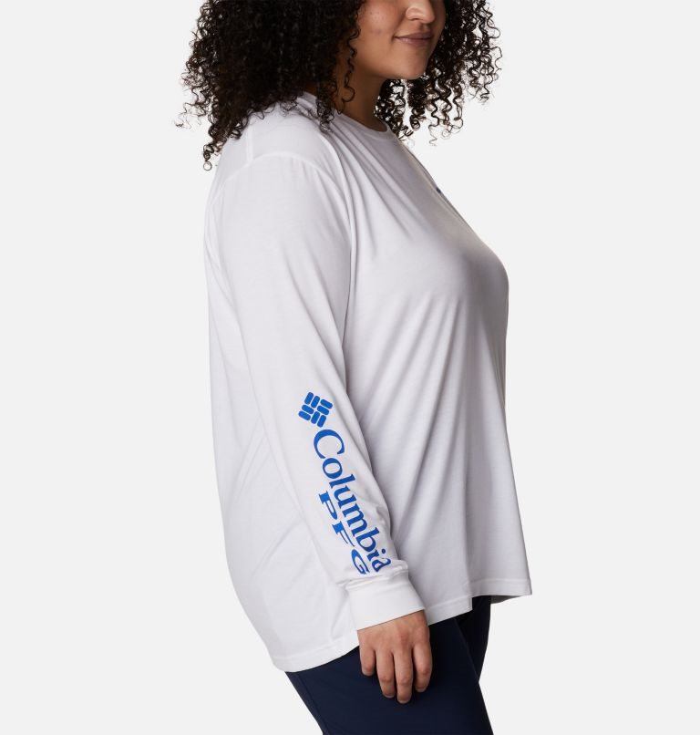 Women's Columbia PFG Slack Water Graphic Long Sleeve Sweatshirts White | Plus Size CA-J6835